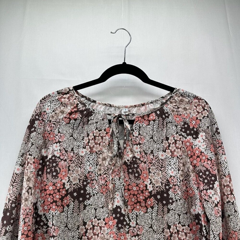Simple Fun Top Womens Sz S Peasant Blouse Floral Tie Neck Long Sleeve Brown/Pink - Picture 3 of 11